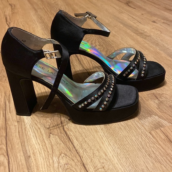 Black Satin Vntg. “Chinese Laundry” with rhinestones. Comfy: dance all night!💃 - Picture 2 of 11